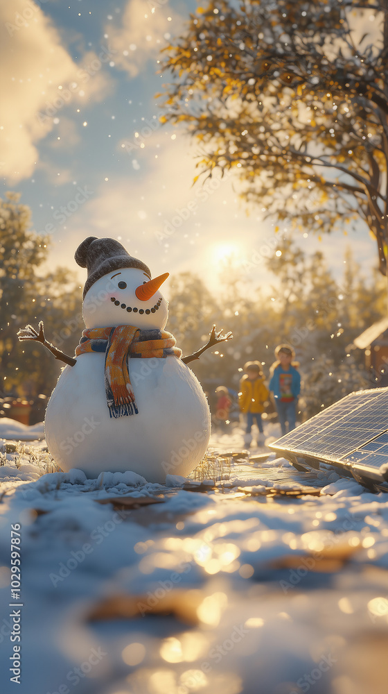 snowman with hat and scarf outdoors in a sustainable and renewable energy park with solar panels during winter season, caring for the environment