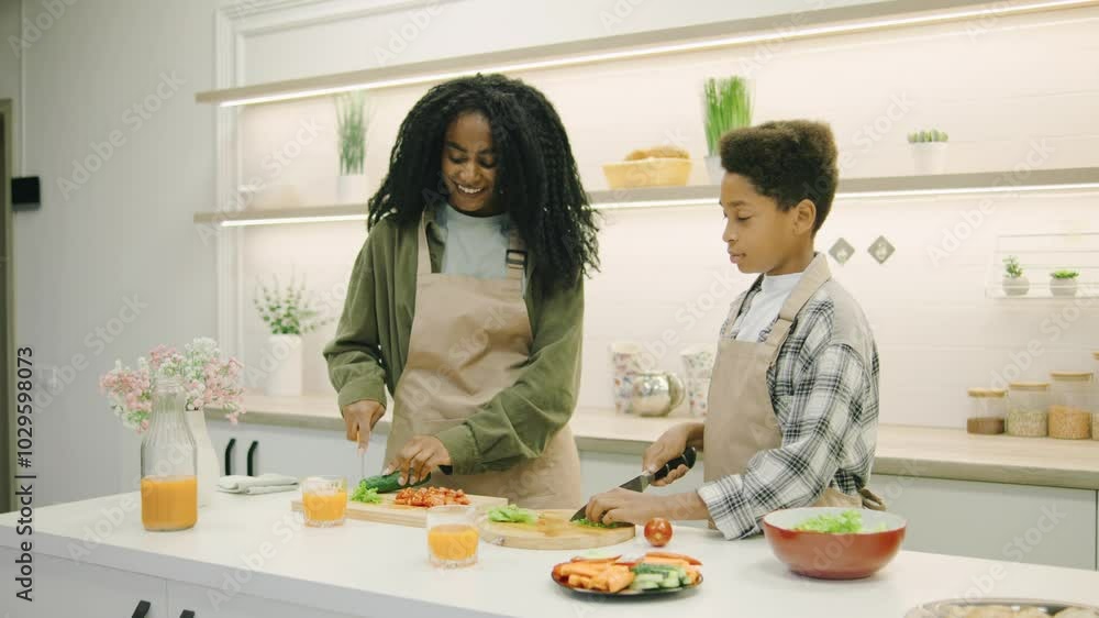 African american mother and Son Cook Together in Their Aprons, Sharing Quality Time and Creating Delicious Memories in the Kitchen African american mother and Son Cook Together in Their Aprons, Sharing Quality Time and Creating Delicious Memories in the Kitchen