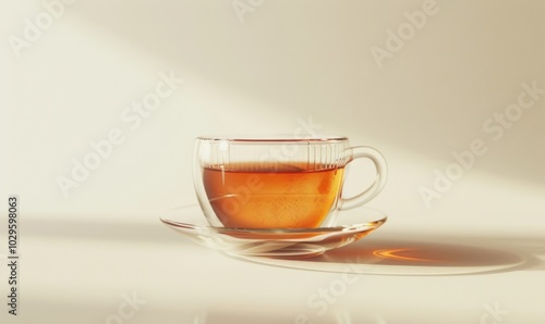 Freshly brewed cup of tea, white background, 4K hyperrealistic photo