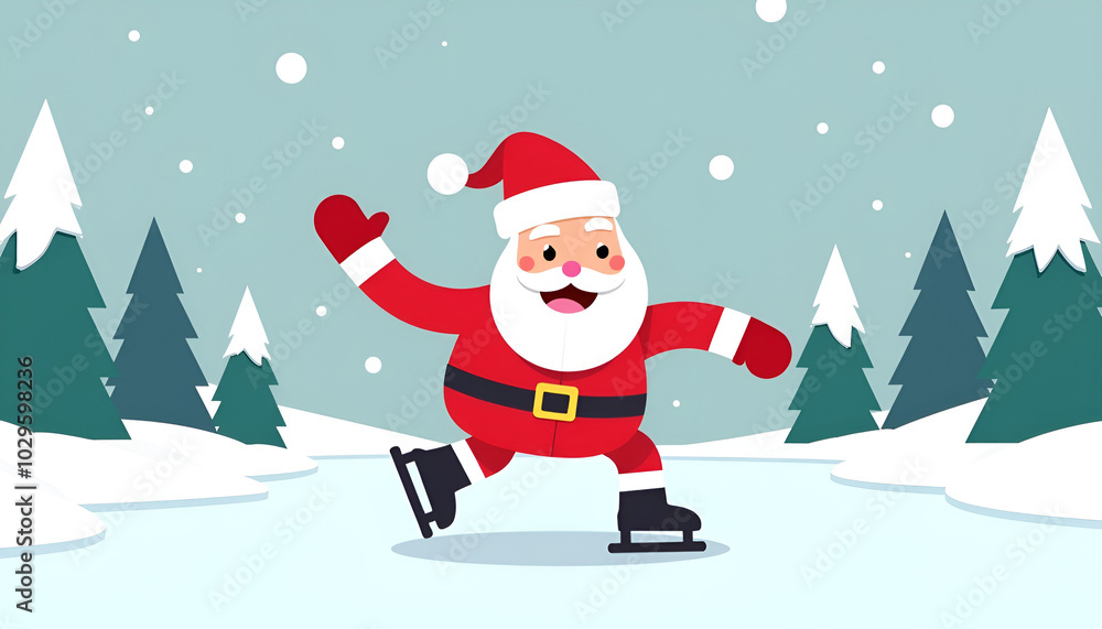 Playful cartoon Santa Claus skating on ice with a cheerful wave in a winter setting
Playful cartoon Santa Claus skating on ice with a cheerful wave in a winter setting