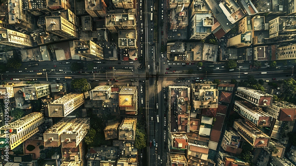 Aerial View of a City Intersection with Buildings and Traffic Aerial View of a City Intersection with Buildings and Traffic