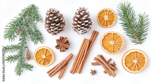 Visually appealing arrangement of pinecones, dried fruit, cinnamon sticks, and evergreen sprigs on a white background.