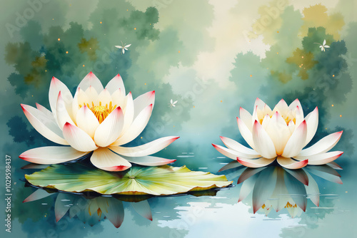 White lotus flowers blooming in the pond with dragonflies flying around