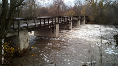 A bridge over a river that has overflowed, with fast-moving water beneath it