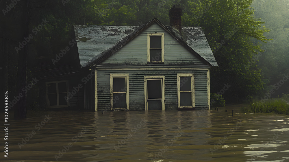 A house partially submerged in muddy floodwaters A house partially submerged in muddy floodwaters