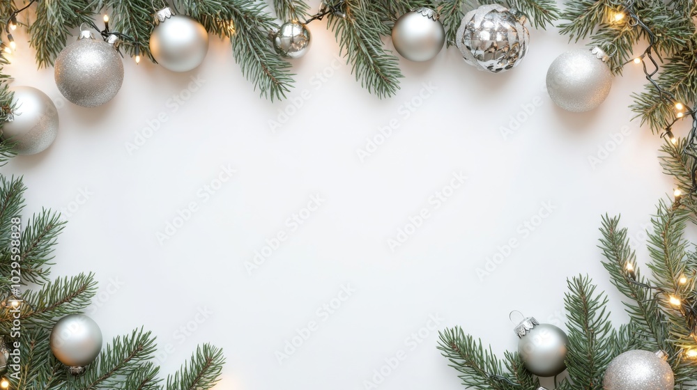 Festive frame of silver ornaments and green pine branches, ideal for holiday greetings or seasonal decorations. Festive frame of silver ornaments and green pine branches, ideal for holiday greetings or seasonal decorations.