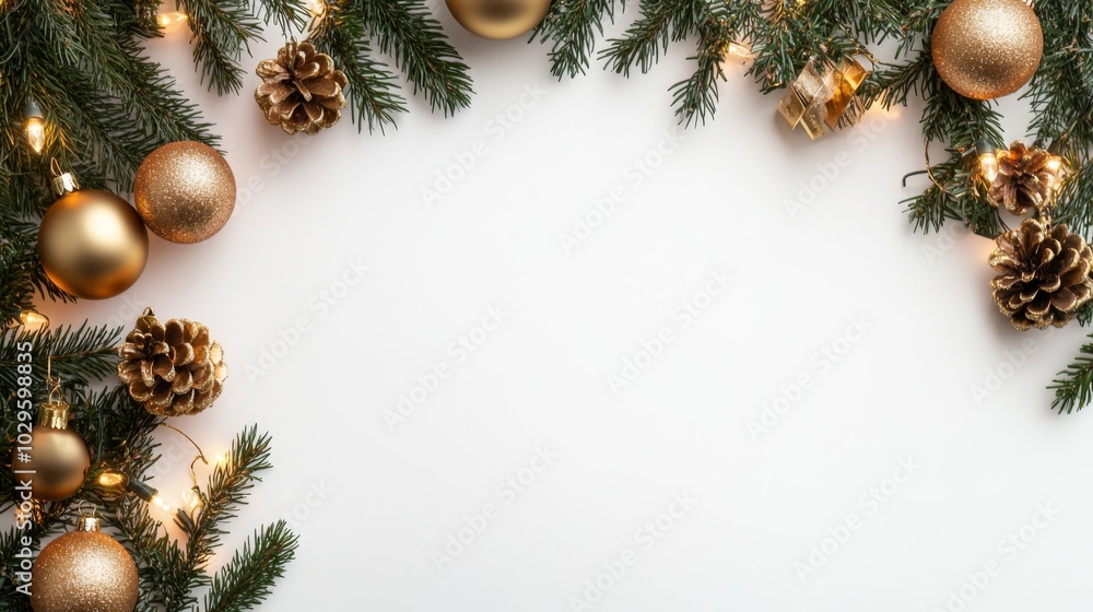 A festive arrangement of evergreen branches and golden ornaments, creating a warm, inviting frame for holiday messages or decorations. copy space A festive arrangement of evergreen branches and golden ornaments, creating a warm, inviting frame for holiday messages or decorations. copy space