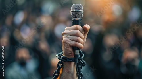 A journalist's hand holding a microphone on a chain. Person giving a speech. Concept of censorship, journalistic reporting.