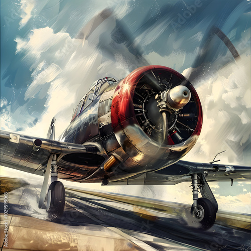 American world war ii fighter plane taking off from runway
