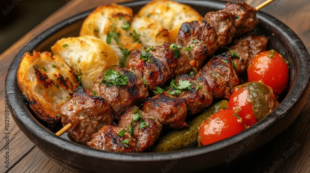 A delicious platter featuring skewered meat, grilled vegetables, and bread, perfect for sharing. A delicious platter featuring skewered meat, grilled vegetables, and bread, perfect for sharing.