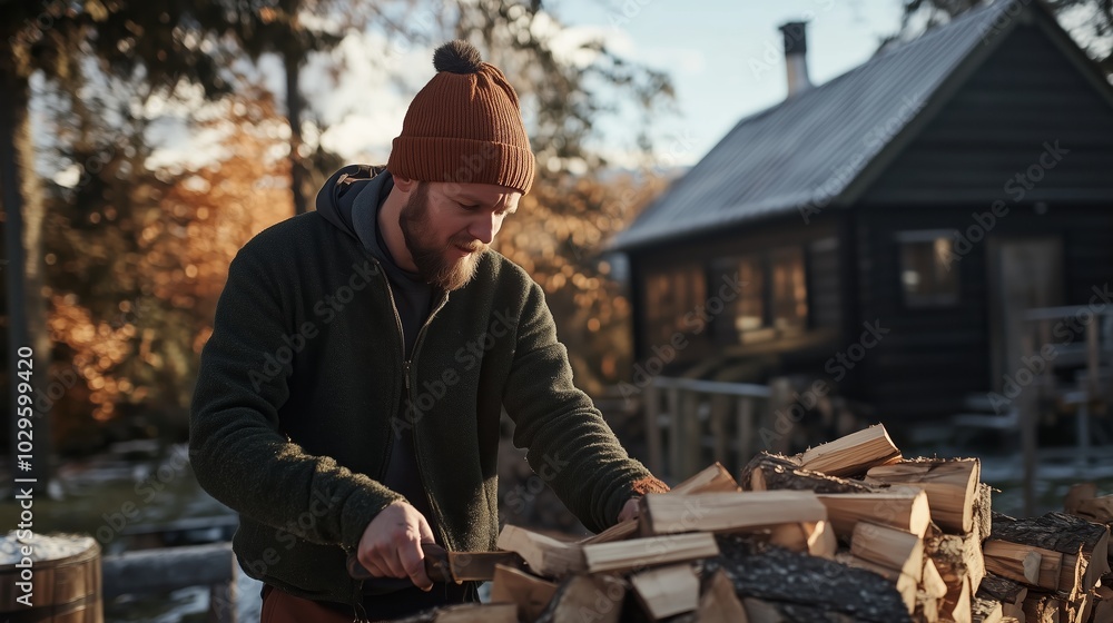 A man gathers firewood outside a rustic cabin during autumn in the countryside, preparing for the colder months ahead A man gathers firewood outside a rustic cabin during autumn in the countryside, preparing for the colder months ahead
