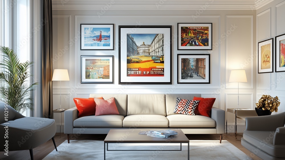 Fototapeta premium Modern living room featuring stylish art decor with framed pictures in a cozy ambiance during daylight