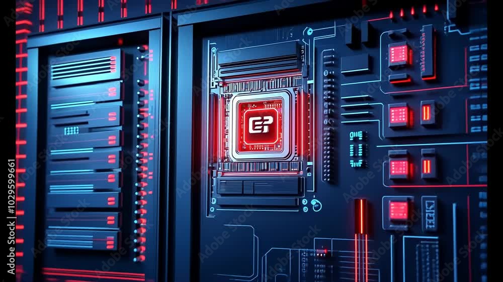 Futuristic microchip with glowing lights on a dark background, representing advanced computing technology.