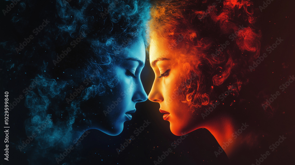 Two mirror images of a woman face each other, one in vibrant blue and the other in fiery red, symbolizing duality. The swirling, smoky effects around each side add a mystical, elemental feel.
Two mirror images of a woman face each other, one in vibrant blue and the other in fiery red, symbolizing duality. The swirling, smoky effects around each side add a mystical, elemental feel.
