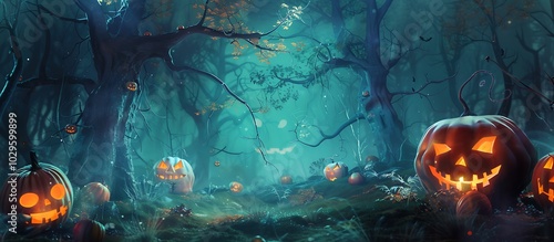 Hyper realistic dark forest, pumpkins, 8K Halloween concept banner.