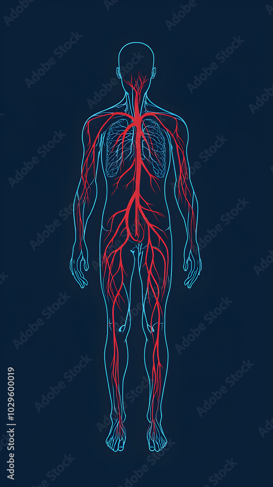A man's body is shown in blue and red with veins and arteries A man's body is shown in blue and red with veins and arteries