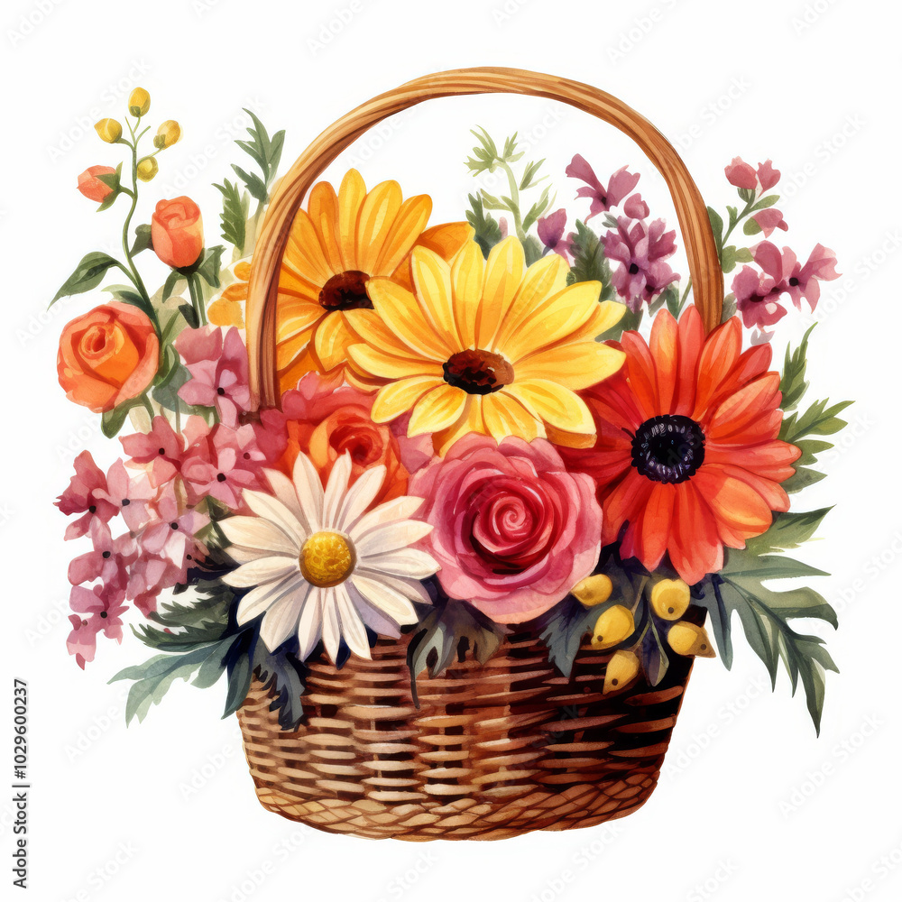 Obraz premium Vibrant Floral Basket Illustration with Roses, Daisies, and Sunflowers - Perfect for Spring and Summer Designs