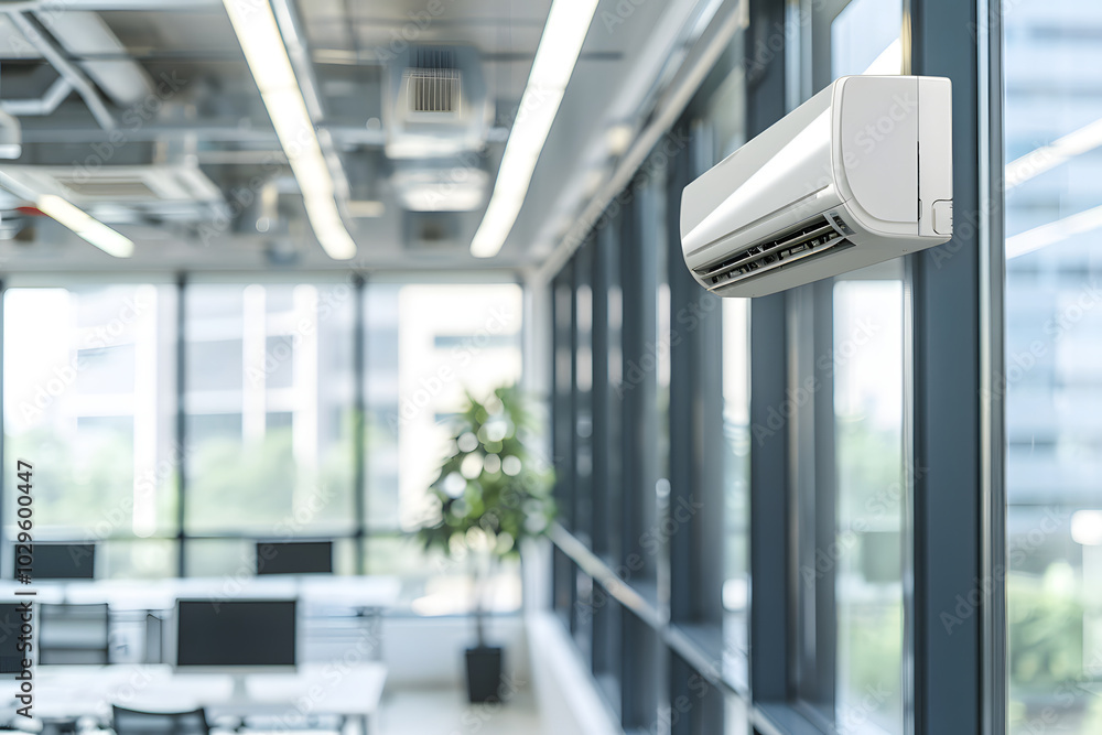 Air conditioner cooling modern empty office interior with big windows