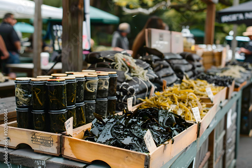 Fresh seaweed displayed on wooden crates at outdoor farmers market