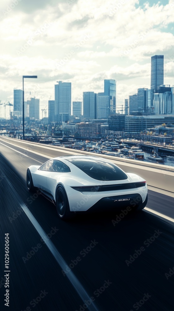 Naklejka premium Futuristic Electric Car on Highway. City Skyline and Modern Transport.