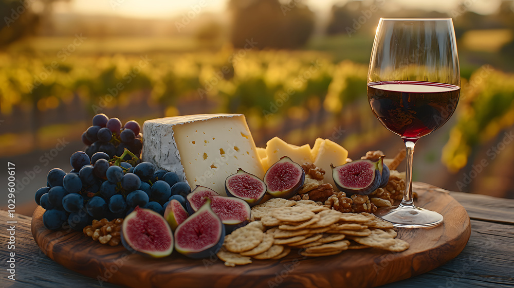 Enjoying a sunset picnic with cheese, fruit, and wine at a vineyard in autumn. Cheese Lovers Day concept Enjoying a sunset picnic with cheese, fruit, and wine at a vineyard in autumn. Cheese Lovers Day concept