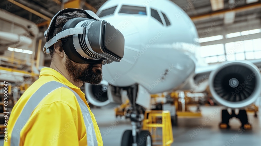A Mechanic Using VR Technology to Inspect an Airplane A Mechanic Using VR Technology to Inspect an Airplane