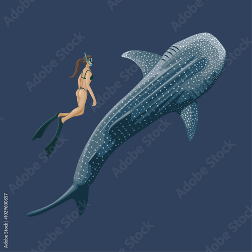 Illustration of a woman snorkeling with a whale shark, on a dark blue background.
