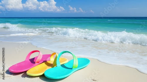 Colorful Flip-Flops on a White Sandy Beach with Turquoise Ocean Waves