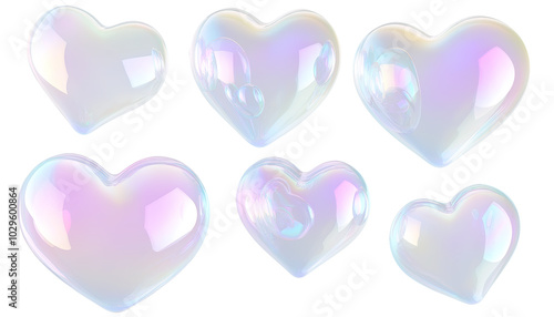 A set of heart shaped, translucent soap bubbles with iridescent reflections, floating in various sizes, isolated on transparent background