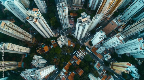 Aerial View of a Dense Urban Skyline with Intersecting Streets and Lush Greenery