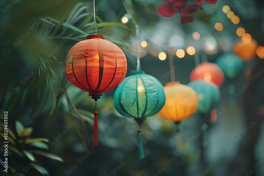 Colorful paper lanterns hanging in tropical garden setting at night Colorful paper lanterns hanging in tropical garden setting at night
