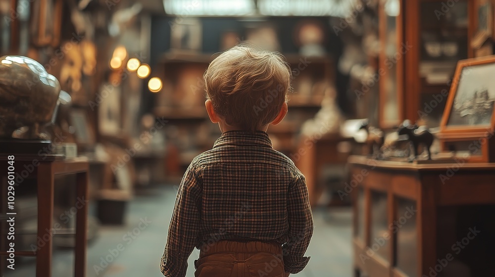 A young boy in a plaid shirt stands in a room filled with antiques, gazing at something out of frame A young boy in a plaid shirt stands in a room filled with antiques, gazing at something out of frame
