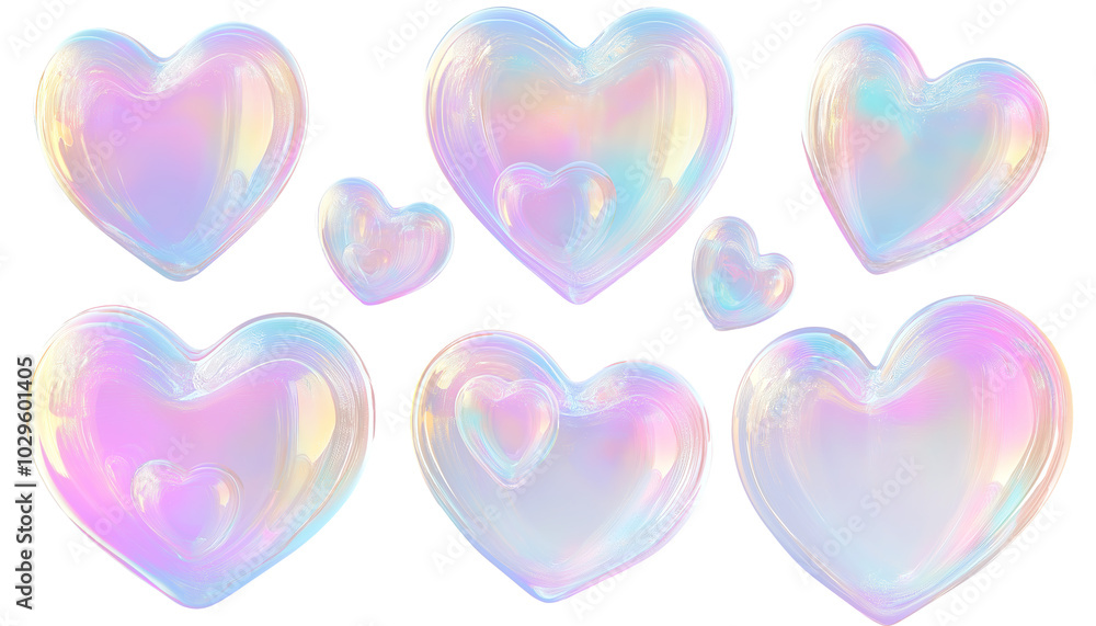 A set of heart shaped, translucent soap bubbles with iridescent reflections, floating in various sizes, isolated on transparent background A set of heart shaped, translucent soap bubbles with iridescent reflections, floating in various sizes, isolated on transparent background