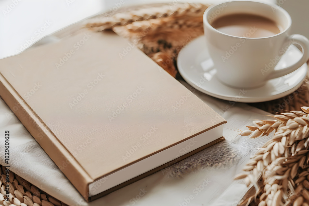 Fototapeta premium Blank notebook laying on table with coffee and wheat decoration