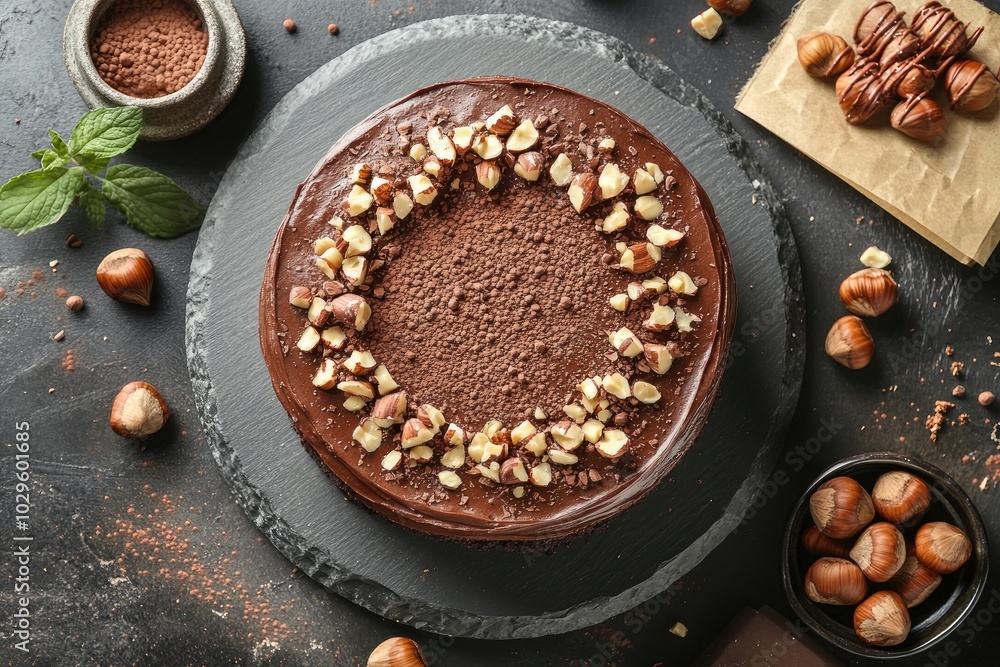 Chocolate cake topped with hazelnuts. This photo shows a chocolate cake on a black slate platter with hazelnuts on top. Chocolate cake topped with hazelnuts. This photo shows a chocolate cake on a black slate platter with hazelnuts on top.