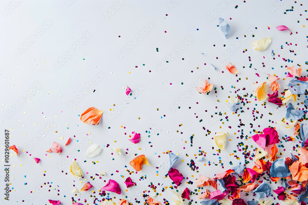 Colorful flower petals and glitter creating festive background Colorful flower petals and glitter creating festive background