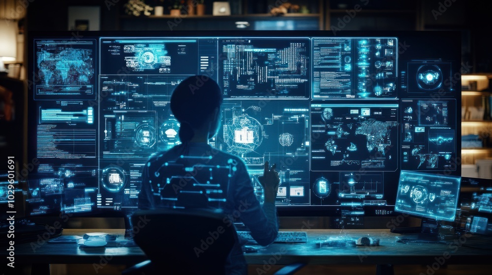 A Hacker Working on a Multi-Screen Workstation with Data Visualizations A Hacker Working on a Multi-Screen Workstation with Data Visualizations