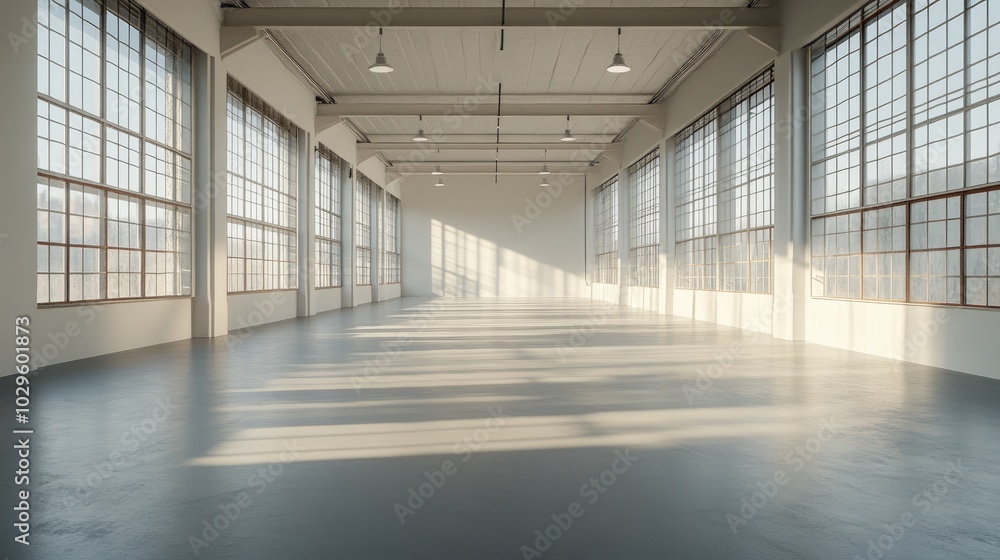 Empty warehouse with large windows. Ideal for showcasing products or creating a clean, industrial aesthetic. Empty warehouse with large windows. Ideal for showcasing products or creating a clean, industrial aesthetic.