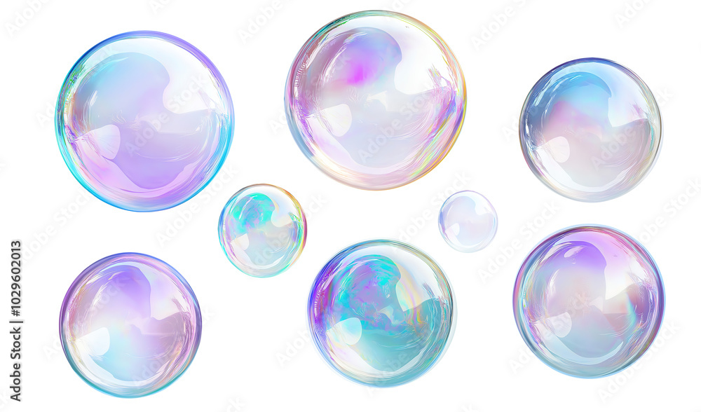 A set of round, translucent soap bubbles with iridescent reflections, floating in various sizes, isolated on a transparent background A set of round, translucent soap bubbles with iridescent reflections, floating in various sizes, isolated on a transparent background