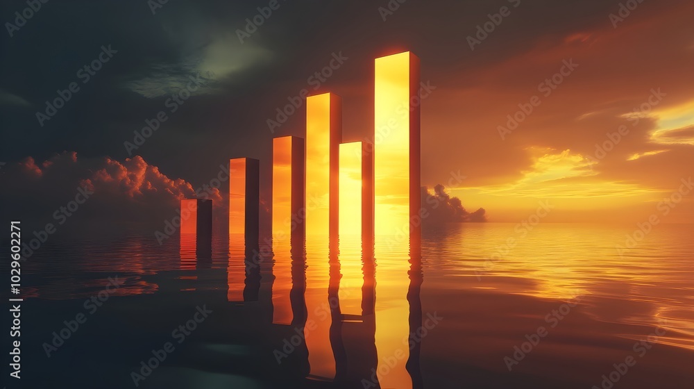 Surreal Glowing Bar Graph Rising from Water at Dusk Surreal Glowing Bar Graph Rising from Water at Dusk