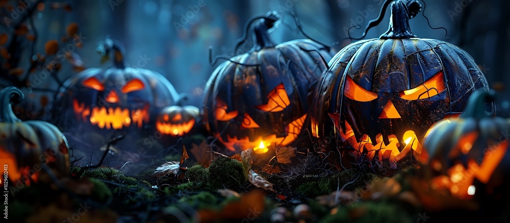 Hyper realistic pumpkins in dark forest, Halloween concept banner, 8K resolution. Hyper realistic pumpkins in dark forest, Halloween concept banner, 8K resolution.