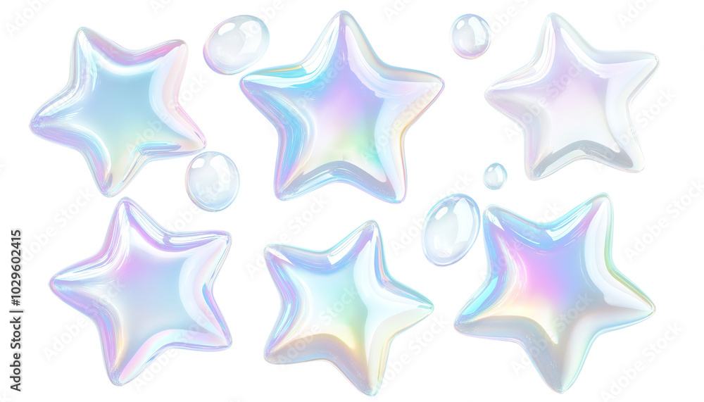 A set of star shaped, translucent soap bubbles with iridescent reflections, floating in various sizes, isolated on transparent background A set of star shaped, translucent soap bubbles with iridescent reflections, floating in various sizes, isolated on transparent background