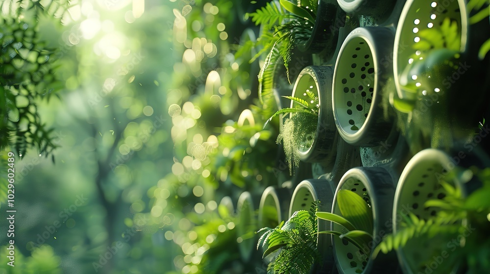 Green plants thrive in a wall of circular planters. . Green plants thrive in a wall of circular planters. .
