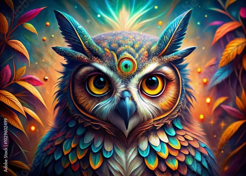 Surreal Front View of an Enigmatic Owl with Dreamlike Atmosphere