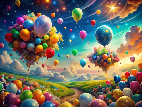 Surreal Happy Birthday Balloons Floating in a Dreamlike Landscape