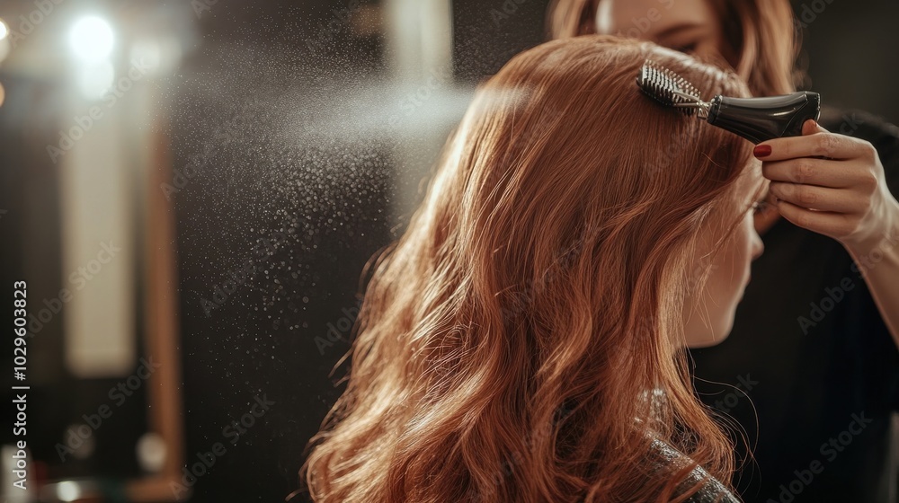 Fototapeta premium A hairstylist applying product to a client's wavy red hair in a salon setting.