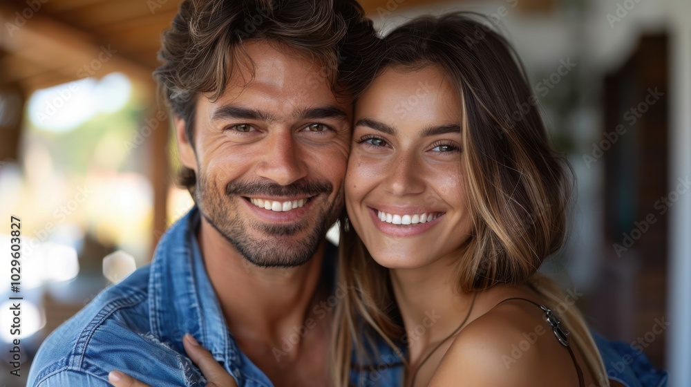A happy couple smiling together in a cozy setting. A happy couple smiling together in a cozy setting.