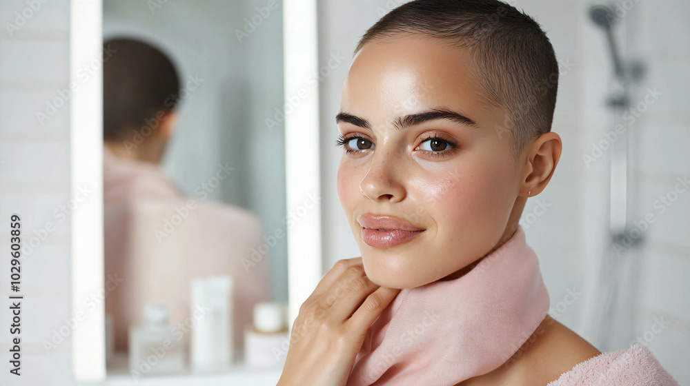 a woman with short hair looking in mirror, touching neck, soft pink scarf a woman with short hair looking in mirror, touching neck, soft pink scarf