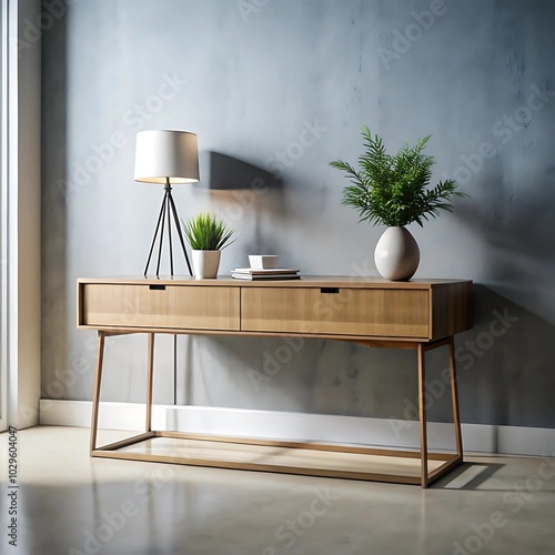  A sleek modern console table featuring a lamp and a plant, showcasing minimalistic and refined design elements.geneartive ai photo