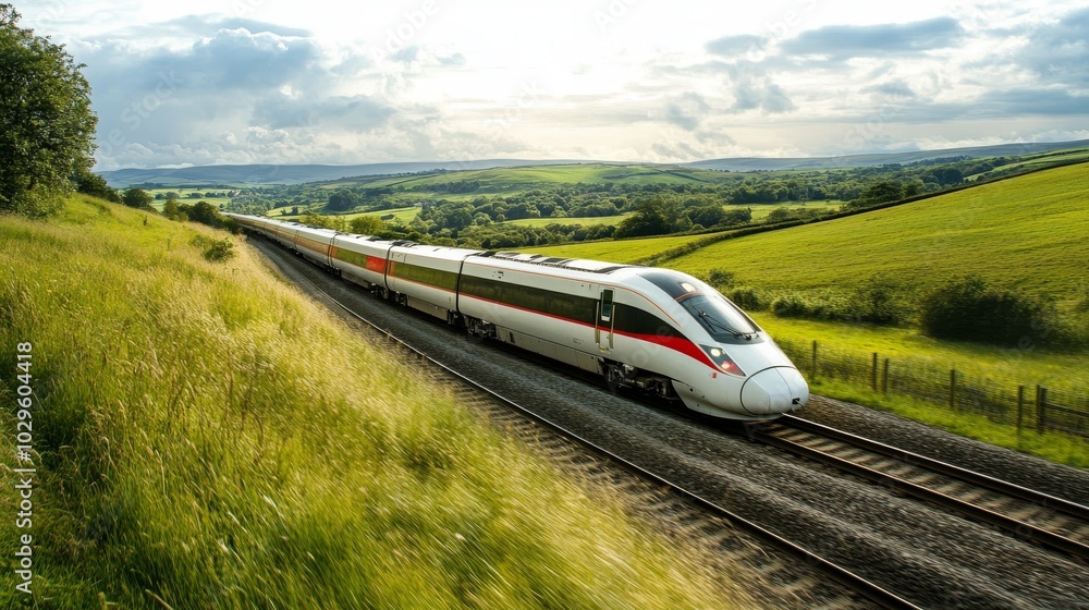 Fototapeta premium High-Speed Train Zooming Past Countryside. Motion Blur and Green Hills.